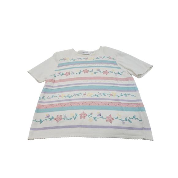 Vintage Alfred Dunner Floral Embroidered Scallop Short Sleeve SS Size L Sweater - Picture 1 of 8